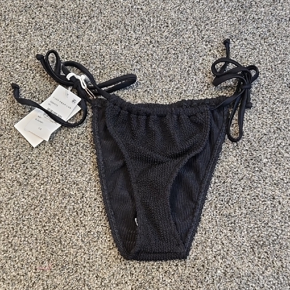 NWT Good American Women Tie Side Black Textured Bikini Bottom Swim Sz 1/2 S/M